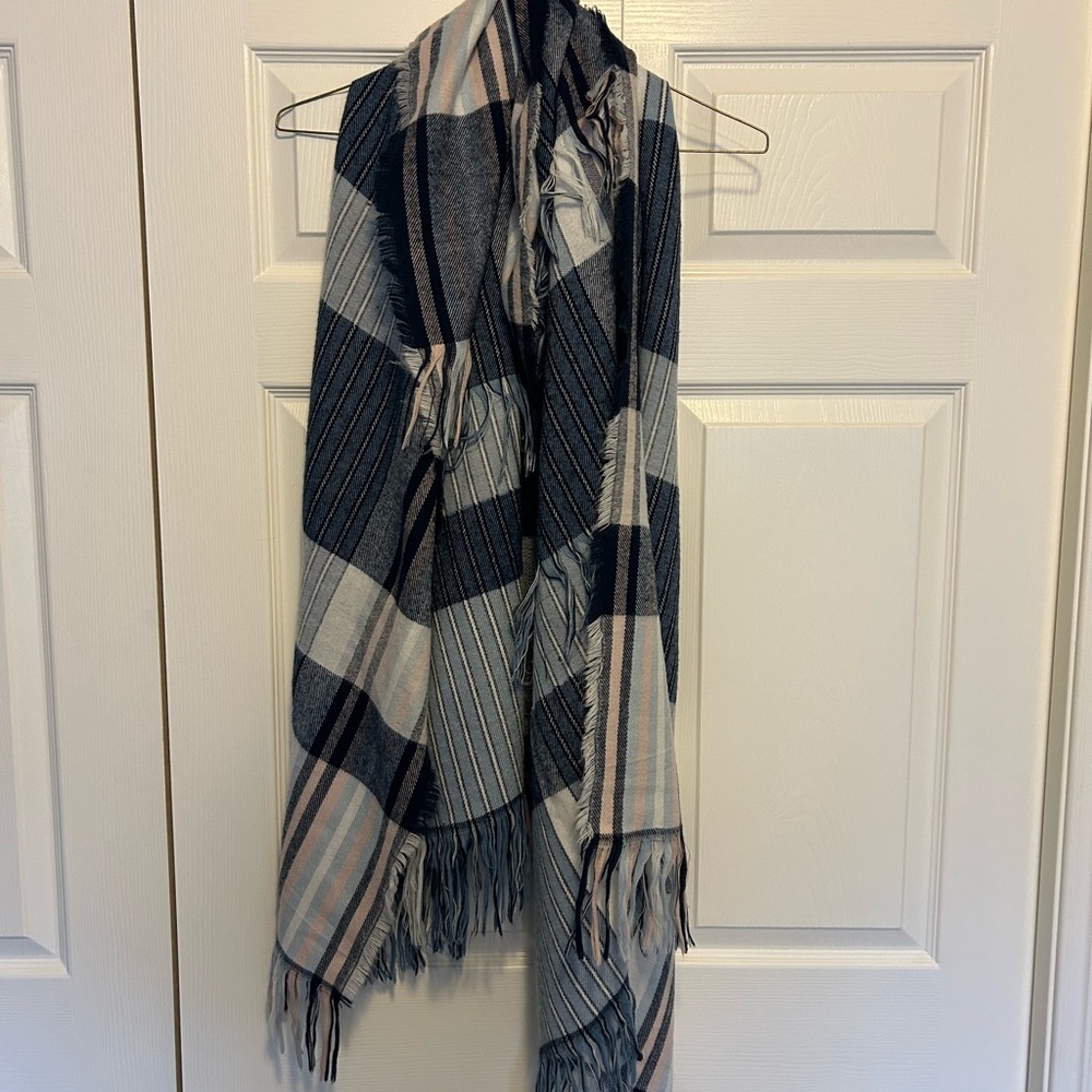 Plaid Fringe Scarf in Blue and Pink highlights